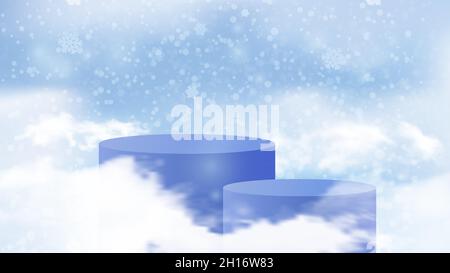 Szene für die Präsentation der Neujahrsrabatte. Zylindrische Podium Winter Himmel Hintergrund Vektor Stock Vektor