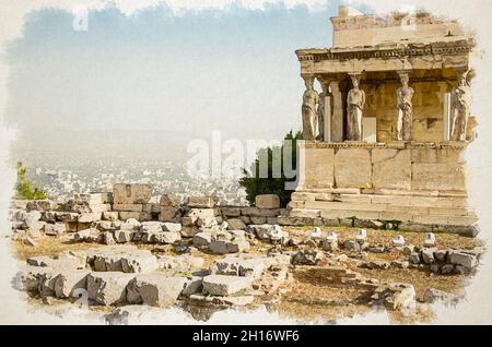 Aquarell-Zeichnung des antiken Erechtheion-Tempels mit Säulen und Statuen auf dem Akropolis-Hügel in Athen, Griechenland Stockfoto