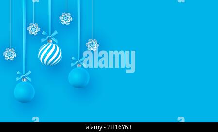 Weihnachten sanft blaue Kugeln mit geometrischen Mustern und Schneeflocken. Abstrakter weihnachtlicher Hintergrund in Pastellfarben. Ein Ort für Ihren Text. Vektor Stock Vektor