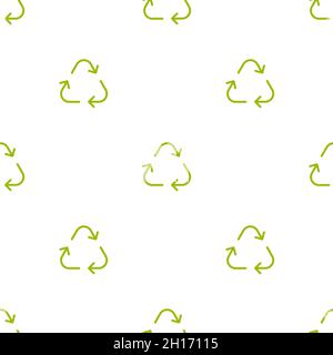 Nahtloses Öko-Muster. Drei Pfeile eco recyceln. Wiederverwendung Ornament auf weißem Hintergrund. Grüne flache Vektor-Tapete. Ökologie Kreis Symbol Stock Vektor