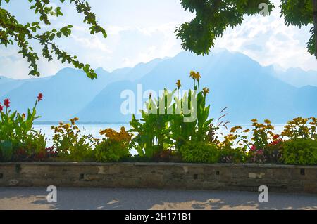 Aquarell-Zeichnung von Blick auf die Berge Alpen und Blumen blühen auf der Promenade des Genfersees in Montreux, Schweizer Riviera, Kanton Waadt, Swit Stockfoto