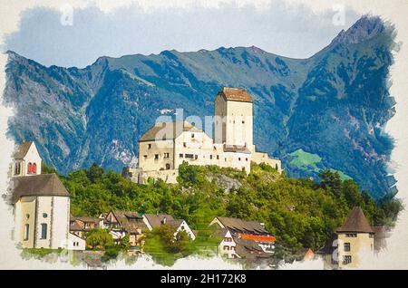 Aquarell-Zeichnung des Alten Schlosses vor den Bergen Alpen in der Nähe von Vaduz Stadt, Liechtenstein Stockfoto