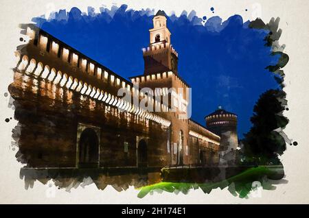 Aquarell-Zeichnung der alten mittelalterlichen Burg Sforza Castello Sforzesco Blitzfassade, Wände, Turm La torre del Filarete mit Lichtern bei Sonnenuntergang Abend Stockfoto