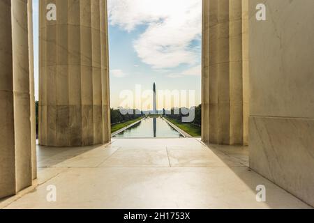 Das Washington Memorial vom Lincoln Memorial aus gesehen Stockfoto