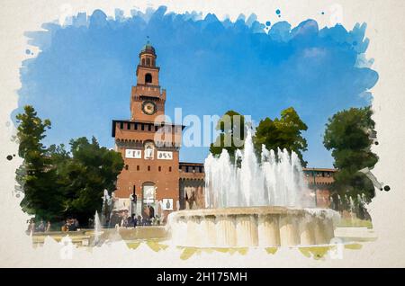 Aquarell Zeichnung des alten mittelalterlichen Castello Sforza Castello Sforzesco Fassade, Wände und Turm La torre del Filarete, Bäume, Brunnen im schönen Sommer Stockfoto