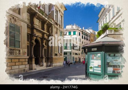 Aquarell-Zeichnung des Palazzo Grimaldi della Meridiana in Genua, typische farbenfrohe Gebäude, alter Buchstand-Kiosk auf der Piazza della Meridiana Stockfoto