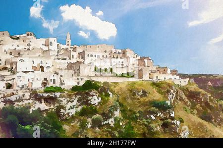 Aquarell Zeichnung von Matera Ansicht des historischen Zentrums Sasso Caveoso der alten antiken Stadt Sassi di Matera mit Felsenhöhlenhäusern, Europäische Hauptstadt von Cu Stockfoto