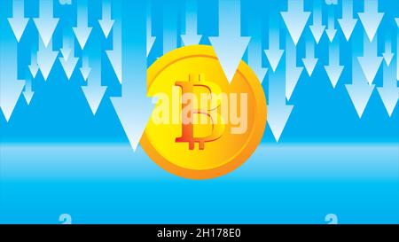 Der Bitcoin Mit Dem Preisverfall Fliegt Auf Dem Roten Pfeil Nach Unten. Bankrott Bitcoin. Illustration flache Vektor-Vorlage Stock Vektor