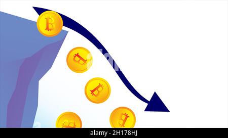 Der Bitcoin Mit Dem Preisverfall Fliegt Auf Dem Roten Pfeil Nach Unten. Bankrott Bitcoin. Illustration flache Vektor-Vorlage Stock Vektor