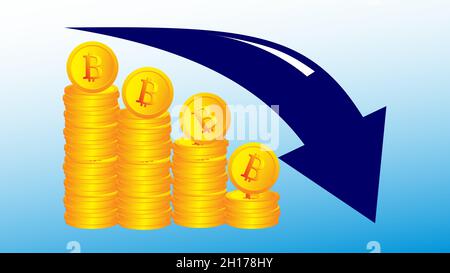 Der Bitcoin Mit Dem Preisverfall Fliegt Auf Dem Roten Pfeil Nach Unten. Bankrott Bitcoin. Illustration flache Vektor-Vorlage Stock Vektor