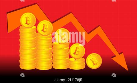 Der Bitcoin Mit Dem Preisverfall Fliegt Auf Dem Roten Pfeil Nach Unten. Bankrott Bitcoin. Illustration flache Vektor-Vorlage Stock Vektor