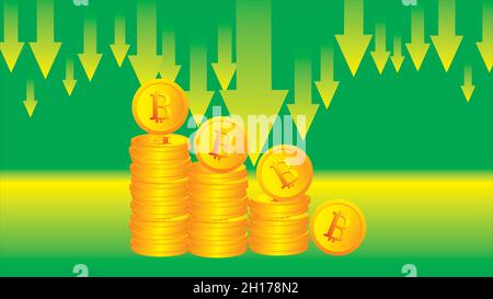 Der Bitcoin Mit Dem Preisverfall Fliegt Auf Dem Roten Pfeil Nach Unten. Bankrott Bitcoin. Illustration flache Vektor-Vorlage Stock Vektor