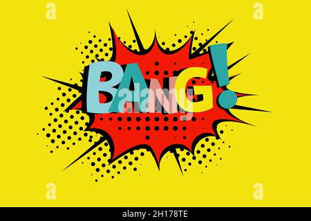 Bang! Comic Lettering Vektor-Cartoon-Illustration im Retro-Pop-Art-Stil auf Halbton-Hintergrund Stock Vektor