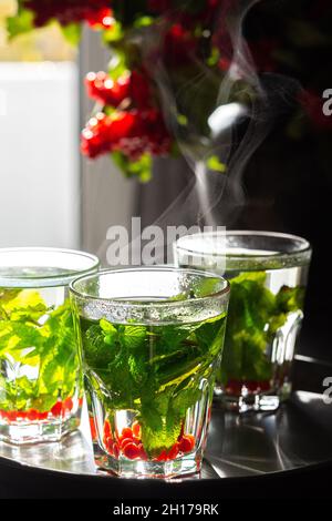 Gesundes heißes Getränk mit Minze und Viburnum in Gläsern, der Dampf steigt auf, duftender Minztee mit Beeren Stockfoto