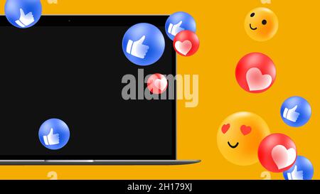Editierbares Mockup für Werbung mit Emoticons und Laptop. Vektorgrafik Stock Vektor
