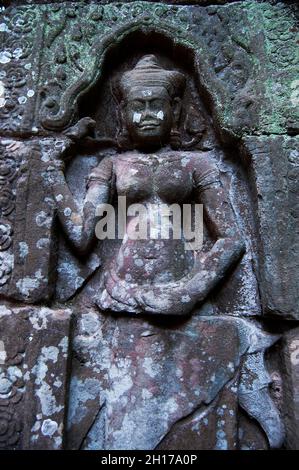 Skulptur Schnitzfigur Apsaren oder apsara Engel Gottheit weiblichen Geist der Wolken Wasser und hervorragende Kunst des Tanzens in Prasat Ta Prohm oder Ahnherr Brahma Stockfoto