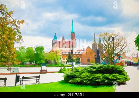 Aquarell-Zeichnung des Denkmals im Park auf Sand Island. Sts. Peter und Paul Kirche, Stiftskirche des Heiligen Kreuzes, Kathedrale des heiligen Johannes des Täufers Stockfoto