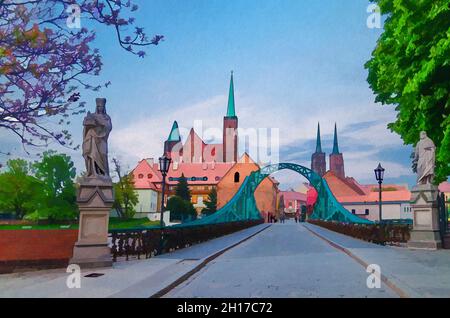 Aquarell-Zeichnung der Kopfsteinpflasterstraße und der Tumski-Brücke über die oder, der Stiftskirche des Heiligen Kreuzes und der Kathedrale des Hl. Johannes des Täufers in der Altstadt Stockfoto