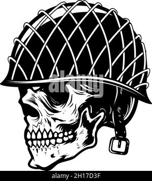 Abbildung des Soldaten Schädels in militärischen Helm. Designelement für Logo, Etikett, Schild, Emblem. Vektorgrafik Stock Vektor