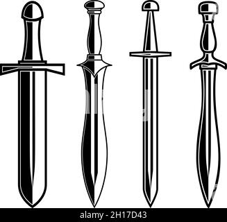 Set von Illustrationen von Ritter Schwertern. Gestaltungselement für Logo, Etikett, Schild, Emblem, Plakat. Vektorgrafik Stock Vektor
