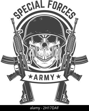 Totenkopf des Soldaten mit Sturmgewehren. Gestaltungselement für Logo, Etikett, Schild, Emblem, Plakat. Vektorgrafik Stock Vektor