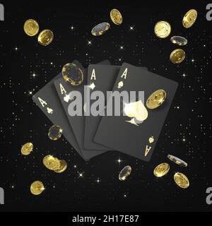 Großes Gewinnposter im Casino. Schwarze 3d-Spielkarten Asse und fallende goldene Münzen und Pokerchips. Design-Element für Glücksspiel-Banner. Vektorgrafik Stock Vektor