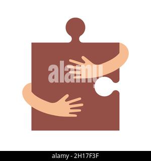 Menschliche Hände umarmen oder halten Puzzle Zeichen Vektor flache Illustration auf weißem Hintergrund isoliert. Kreatives Emblem mit einem braunen großen Puzzle-Symbol und umarmenden Armen. Logo mit einer Umarmung. Stock Vektor
