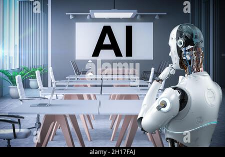 Automationsarbeiterkonzept mit 3d-Rendering ein Roboter arbeitet im Smart Office Stockfoto