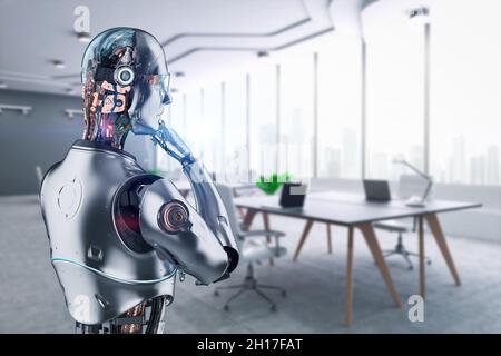 Automationsarbeiterkonzept mit 3d-Rendering ein Roboter arbeitet im Smart Office Stockfoto