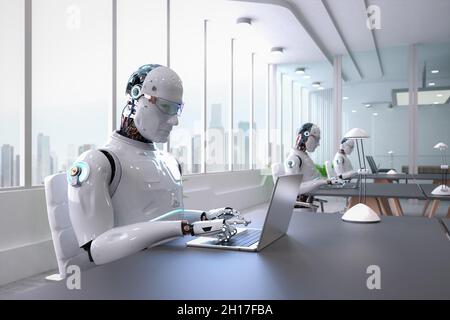 Automationsarbeiterkonzept mit 3d-Rendering ein Roboter arbeitet im Smart Office Stockfoto