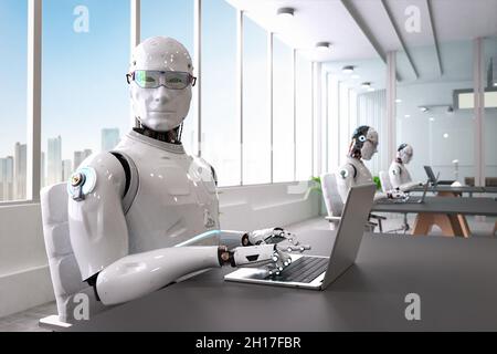 Automationsarbeiterkonzept mit 3d-Rendering ein Roboter arbeitet im Smart Office Stockfoto
