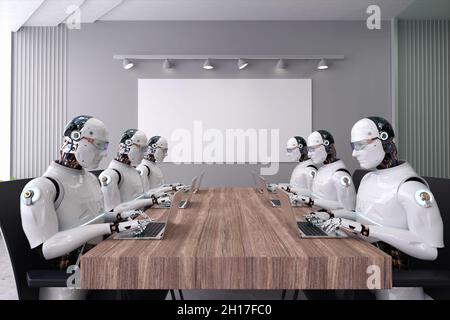 Automationsarbeiterkonzept mit 3d-Rendering ein Roboter arbeitet im Smart Office Stockfoto