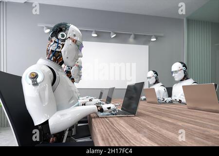 Automationsarbeiterkonzept mit 3d-Rendering ein Roboter arbeitet im Smart Office Stockfoto