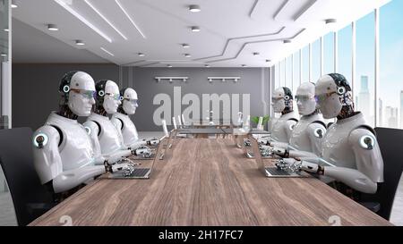Automationsarbeiterkonzept mit 3d-Rendering ein Roboter arbeitet im Smart Office Stockfoto