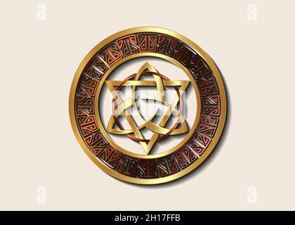 Das große Triquetra-Siegel aus Gold mit Dreieck- und bronzefarbenem Kreis-Logo, luxuriösem Metallrahmen Trinity Knot, heidnisch keltisches Symbol Triple Goddess. Wicca Stock Vektor