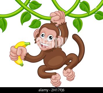 Affen Singen Auf Jungle Vines Mit Banana Cartoon Stock Vektor