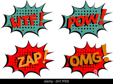 WTF-ZAP-POW-OMG Comic-Schriftzug Vektor-Cartoon-Illustration im Retro-Pop-Art-Stil auf Halbton-Hintergrund Stock Vektor