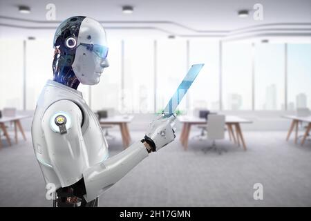 Automationsarbeiterkonzept mit 3d-Rendering ein Roboter arbeitet im Smart Office Stockfoto