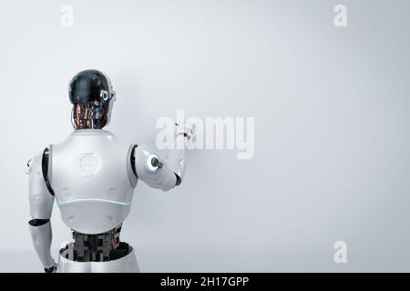 3d-Rendering-Roboter für künstliche Intelligenz oder Assistenzroboter mit leerem Board Stockfoto