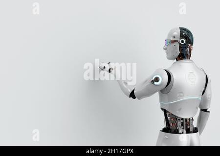 3d-Rendering-Roboter für künstliche Intelligenz oder Assistenzroboter mit leerem Board Stockfoto