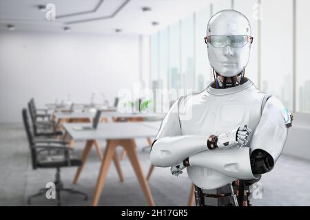 Automationsarbeiterkonzept mit 3d-Rendering ein Roboter arbeitet im Smart Office Stockfoto