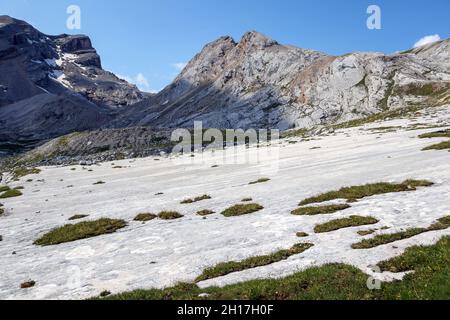 Karstlandschaft in der Nähe der SAS dle Crusc Berggruppe. Der Naturpark Dolomiten von Fanes-Sennes-Prags. Italienische Alpen. Europa. Stockfoto