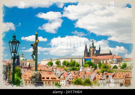 Aquarell-Zeichnung der Kruzifix- und Kalvarienstatue auf der Karlsbrücke Karluv most über der Moldau mit Prager Burg, St. Veitsdom in Hradschin Stockfoto