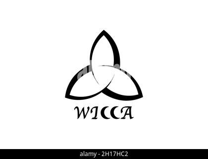 Triquetra Wicca Logo, schwarze Linie Hexerei Zeichen Zauberdruck mit Text, Vektor isoliert auf weißem Hintergrund. Esoterische Druckvorlage und Wiccan-Zeichen Stock Vektor