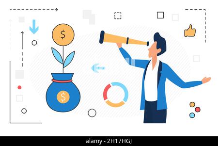 Wachstum der Start-up-Gewinne, Steigerung der Einnahmen aus jungen Unternehmen. Geschäftsmann und erfolgreicher Unternehmer, Ergebnisbericht, Vektorbild Stock Vektor