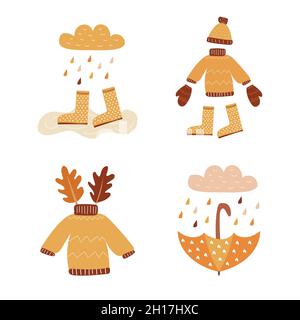 Kleidung, Stiefel, Regen, Regenschirm. Vektorset „Hello Autumn“. Grußkarte, Banner, Poster oder Kalendervorlage für den Herbst. Herbst saisonaler Hintergrund. Stock Vektor