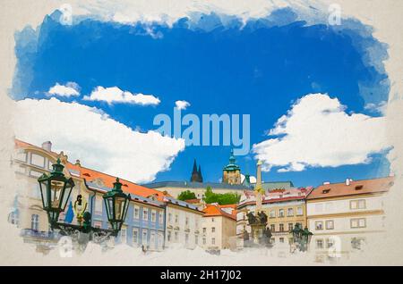 Aquarell-Zeichnung der Akademie der darstellenden Künste, Säule der Heiligen Dreifaltigkeit und Straßenlaternen auf dem Platz im Mala Strana Viertel, St. Veits Kathedrale Stockfoto