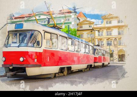 Aquarell-Zeichnung einer typischen alten Retro-Straßenbahn auf Schienen in der Nähe der Straßenbahnhaltestelle in den Straßen der Prager Stadt in der Nähe des Sternberg-Palastes auf der Kleinseite Mala Stockfoto