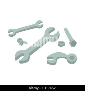 Schraubenschlüssel, Schrauben und Muttern. Flache Konstruktionsdarstellung Stock Vektor