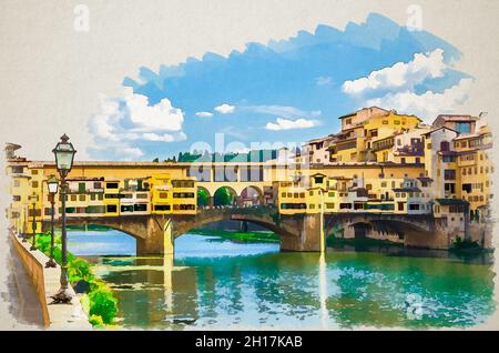 Aquarell-Zeichnung der Ponte Vecchio Steinbrücke mit bunten Gebäuden Häuser über dem Fluss Arno blau türkisfarbenes Wasser und Uferpromenade in hist Stockfoto